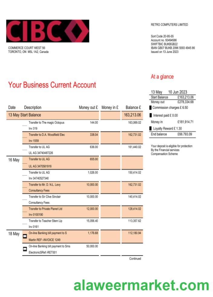 CIBC Bank company checking account statement Word and PDF template